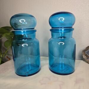 Vintage Blue Apothecary Jar Pair Retro Kitchenware Color Pop